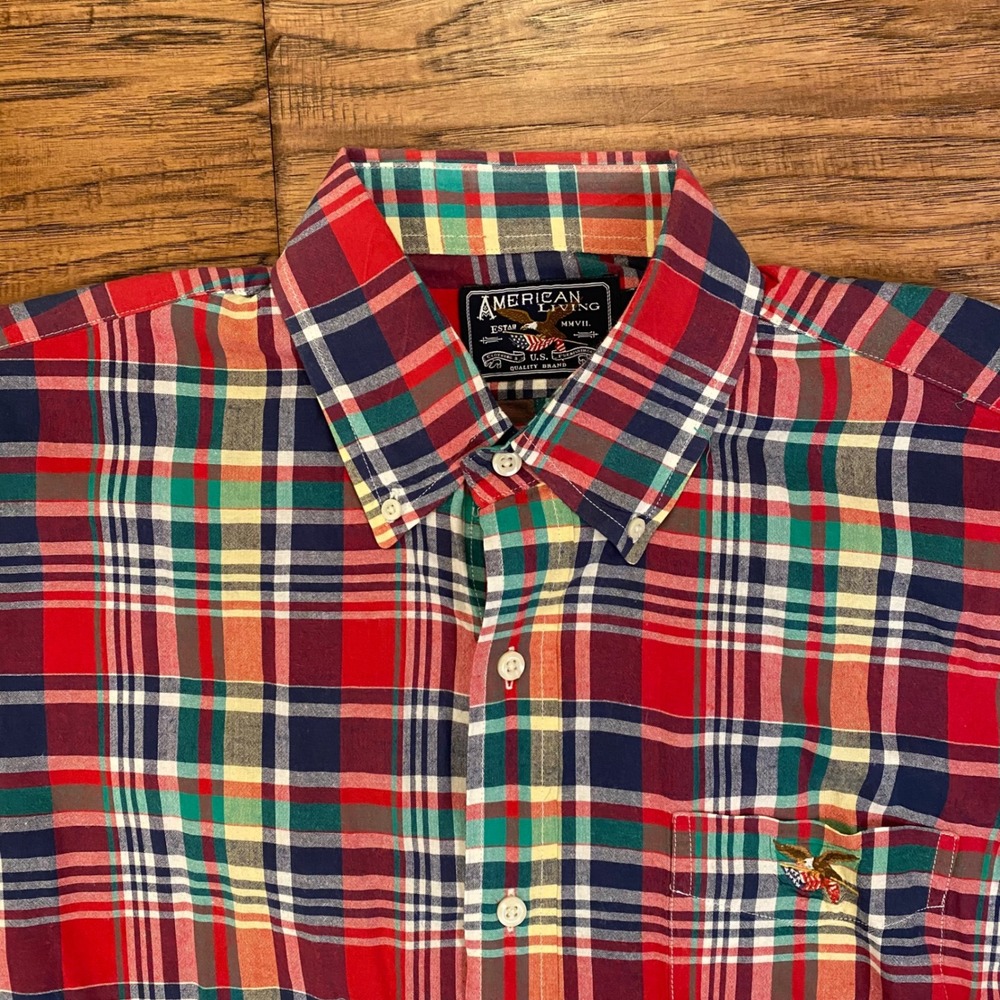 American Living Mens XL Short Sleeve Plaid Button Down Shirt Eagle Logo Cotton